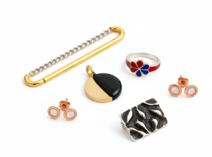Jewelry coloring methods including PVD coating, enameling, electroplating, e-coating, and oxidization