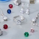 A sparkling collection of cubic zirconia and 925 sterling silver jewelry, including rings, earrings, necklaces, and loose colorful CZ stones, displayed on a shimmering light gray surface, representing elegance, affordability, and ethical appeal.