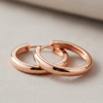 A pair of elegant 14K rose gold hoop earrings, showcasing their warm pink metallic luster on a soft, neutral background. Ideal for a rose gold jewelry buyer's guide.