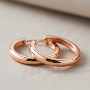 A pair of elegant 14K rose gold hoop earrings, showcasing their warm pink metallic luster on a soft, neutral background. Ideal for a rose gold jewelry buyer's guide.