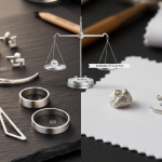 Balance comparison chart. The left scale plate shows a silver ball marked "999" and "Purity" (purity), while the right scale plate has text marked "Durability & Style" (durability and style).