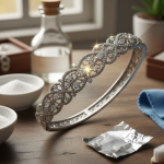 Close-up of a sterling silver bracelet, half of which is tarnished and the other half polished and sparkling, demonstrating effective cleaning.