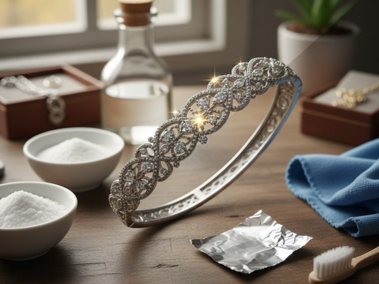 Close-up of a sterling silver bracelet, half of which is tarnished and the other half polished and sparkling, demonstrating effective cleaning.
