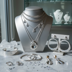 A display of various sterling silver jewelry pieces, including layered necklaces on a mannequin, large hoop earrings, hammered bangles, rings, and unique modern earrings, set on a marble surface with sparkling accents.