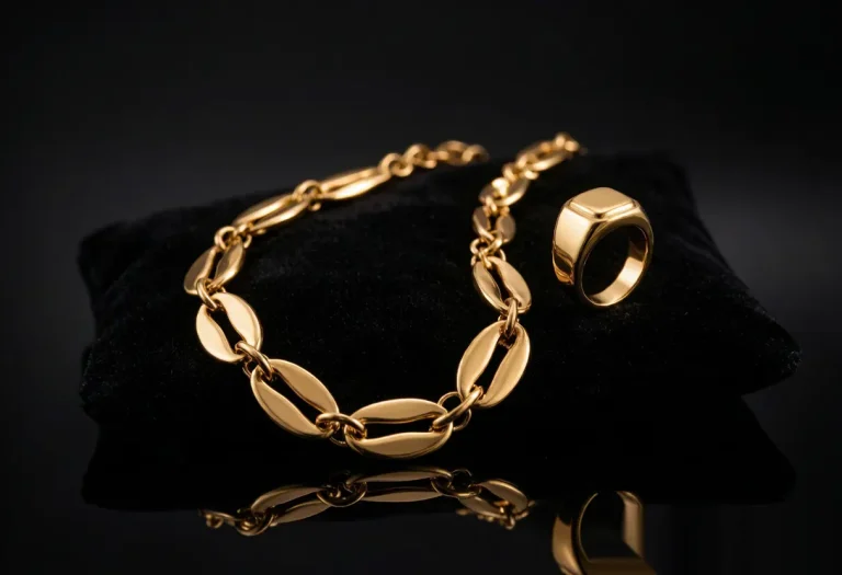 18K gold plated 925 sterling silver jewelry necklace and ring displayed on black velvet