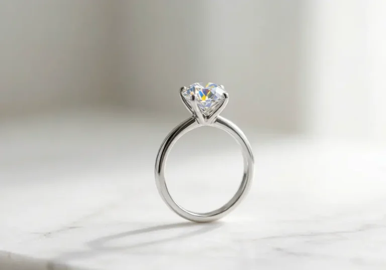 925 sterling silver engagement ring with round moissanite solitaire in four-prong setting on marble