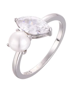 925 sterling silver engagement ring model SR13091B featuring 5x10mm moissanite with freshwater pearl accent