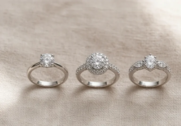 Three 925 sterling silver engagement ring styles side by side - solitaire halo and vintage-inspired
