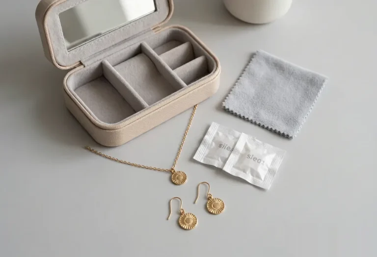 Gold plated jewelry care essentials including microfiber cloth, velvet jewelry box, and silica gel packets