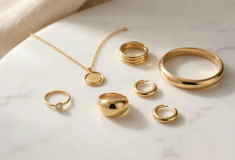 Gold plated jewelry collection including necklaces, rings, earrings and bracelets displayed on marble surface