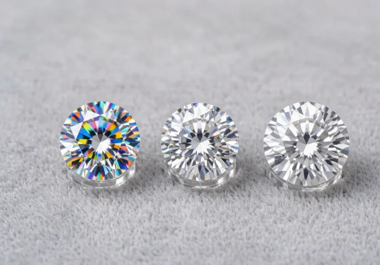 Side by side comparison of moissanite cubic zirconia and diamond gemstones