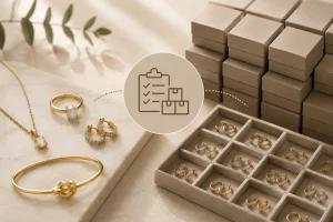 Jewelry MOQ explained with gold jewelry samples and bulk packaging display