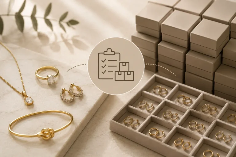 Jewelry MOQ explained with gold jewelry samples and bulk packaging display