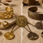 Brass vs bronze jewelry comparison showing bracelets, rings, earrings, and pendants side by side