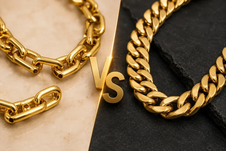Hollow gold chain and solid gold chain side by side for durability and weight comparison