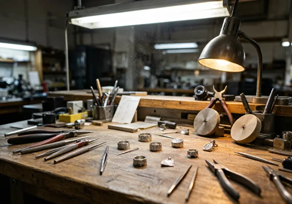 Jewelry manufacturing workbench with hand tools, silver castings, and polishing equipment in a professional factory setting