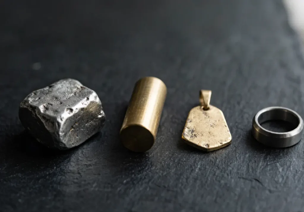 Comparison of raw jewelry materials including 925 sterling silver ingot, brass rod, gold vermeil pendant, and stainless steel ring on dark slate surface