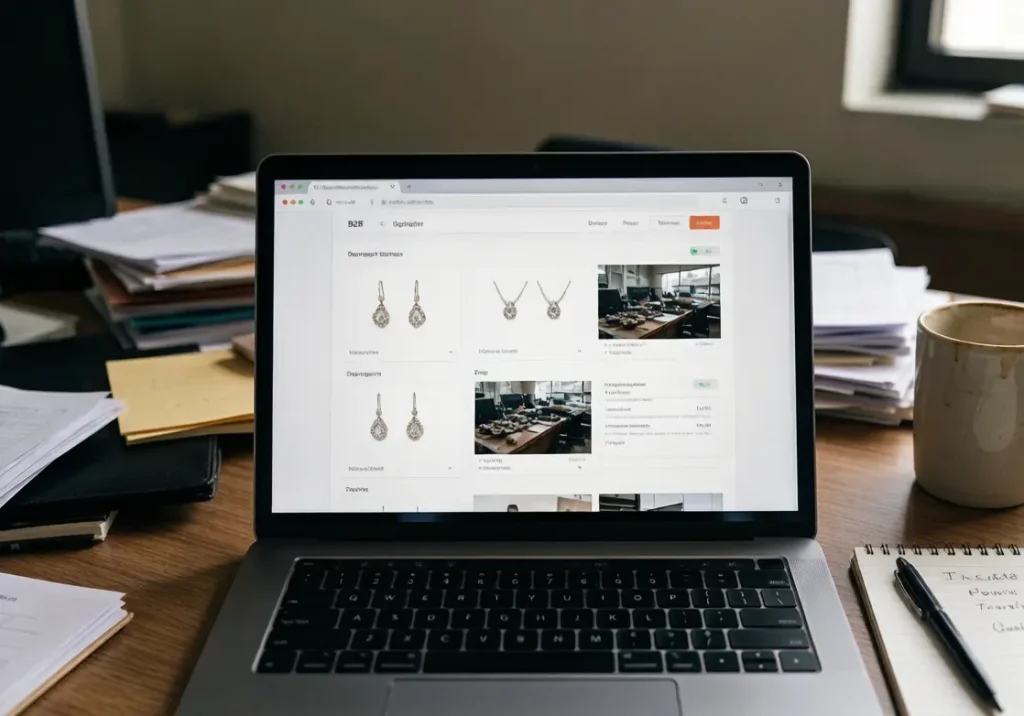 Laptop screen displaying a B2B jewelry supplier directory on a cluttered office desk with coffee cup and notepad
