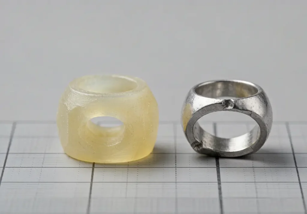 3D printed translucent resin ring prototype next to the final cast 925 sterling silver sample showing lost-wax casting process