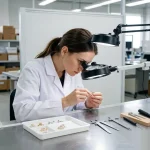 Jewelry factory quality control inspector examining gold and silver jewelry pieces with magnifying lamp and inspection tools