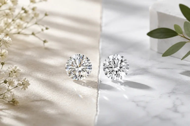 Moissanite and lab grown diamond displayed side by side to compare brilliance and appearance