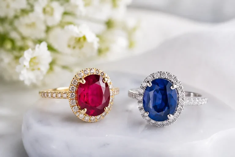 Ruby and sapphire gemstone rings displayed side by side for a ruby vs sapphire comparison.