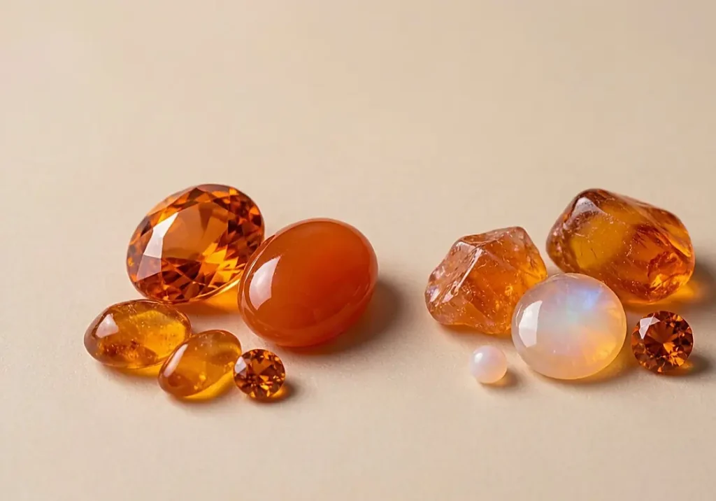 Editorial comparison grouping durable orange gemstones such as sapphire and spinel beside softer materials like fire opal, amber and moonstone