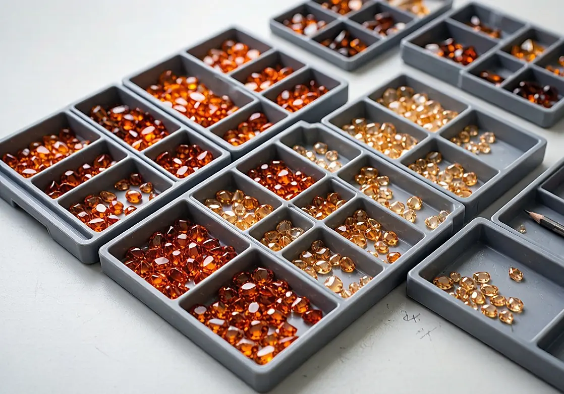 Sorted trays of orange gemstones organized by hue and saturation for production color matching