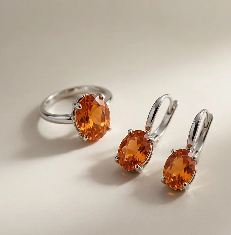 Elegant editorial photograph of a finished orange gemstone ring and matching earrings on a light background