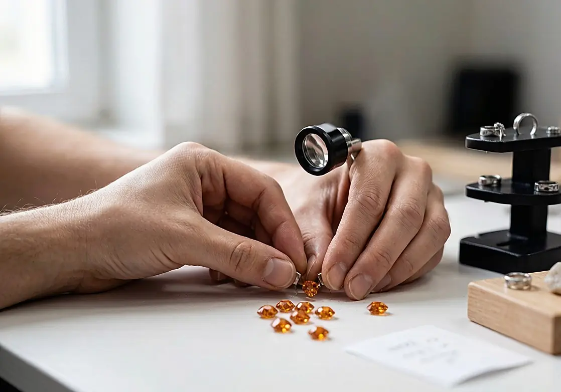 Jewelry craftsman inspecting loose orange gemstones with a loupe before gemstone setting