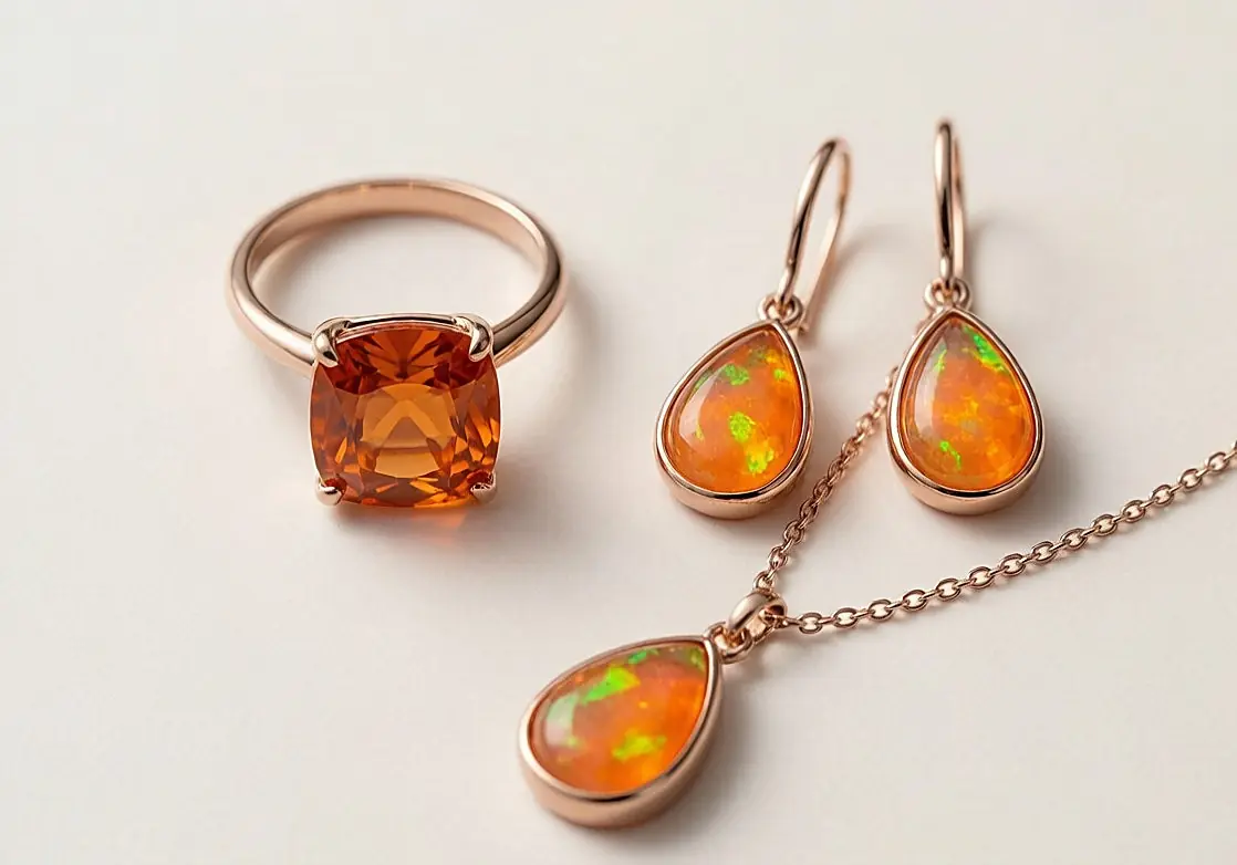 Orange gemstone jewelry set with a ring, fire opal drop earrings and a citrine pendant necklace on a clean background
