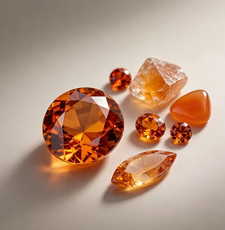 Arrangement of different orange gemstone varieties including orange sapphire, spessartite garnet, imperial topaz, citrine, fire opal and sunstone