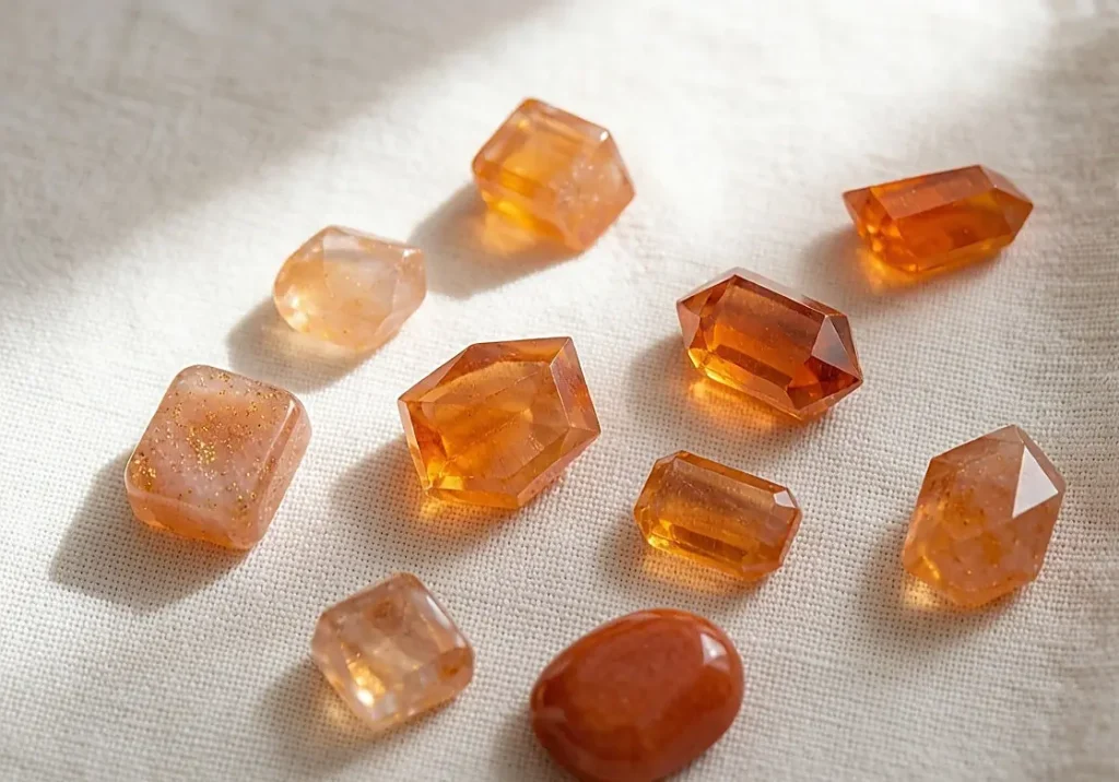 Editorial flat lay of loose orange gemstones including citrine, fire opal and orange sapphire on light linen